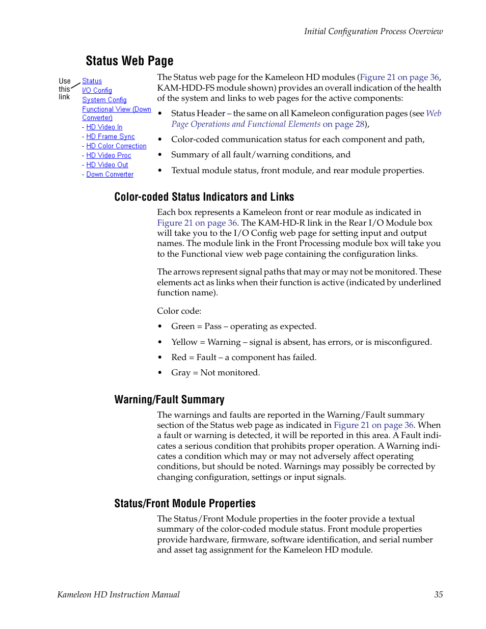 Color-coded status indicators and links, Warning/fault summary, Status/front module properties | Information, Status web page | Grass Valley Kameleon HD Multi-Function Modules v.2.1.0 User Manual | Page 35 / 110
