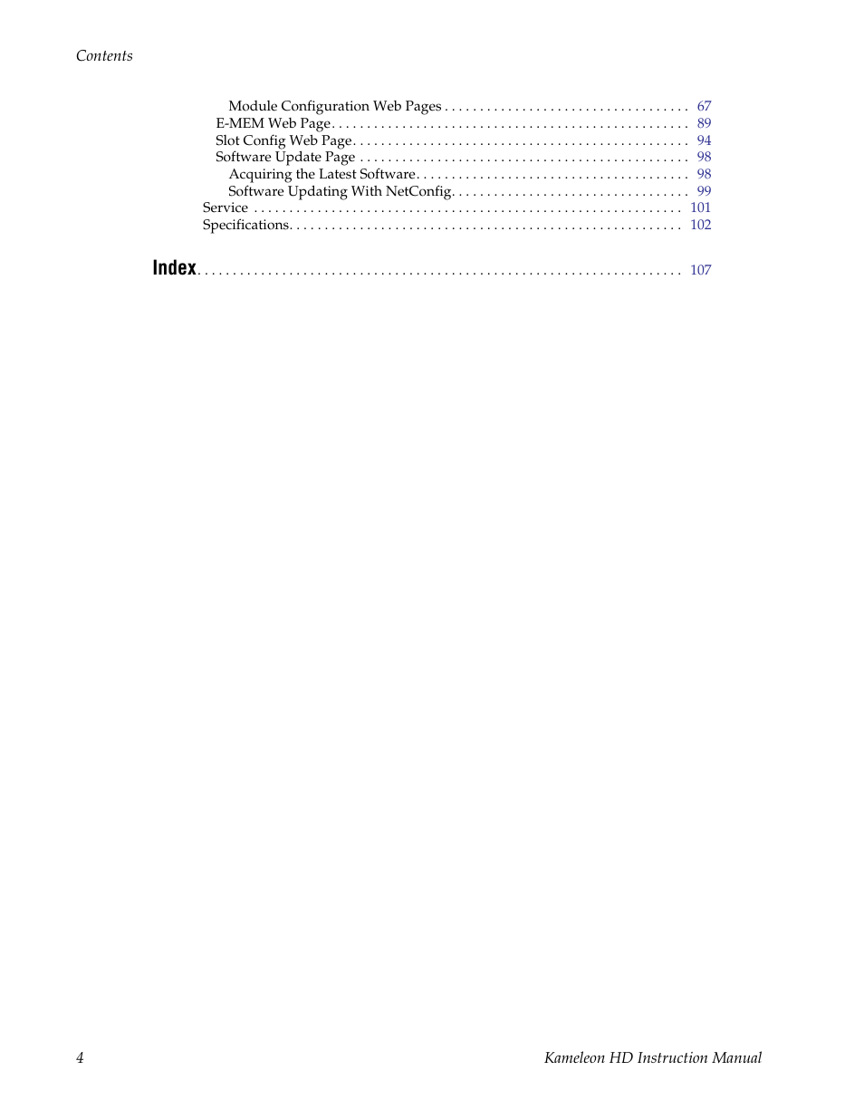 Index | Grass Valley Kameleon HD Multi-Function Modules v.2.1.0 User Manual | Page 4 / 110