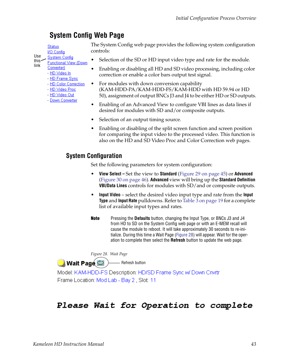System configuration, System con, Figuration | On modules with down conversion capability, To configur, System config web page | Grass Valley Kameleon HD Multi-Function Modules v.2.1.0 User Manual | Page 43 / 110