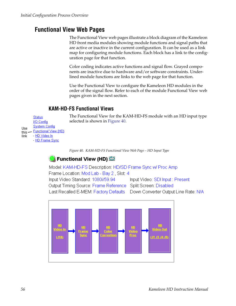 Kam-hd-fs functional views, To use the block links to configur, Efer to | Functional view web pages | Grass Valley Kameleon HD Multi-Function Modules v.2.1.0 User Manual | Page 56 / 110