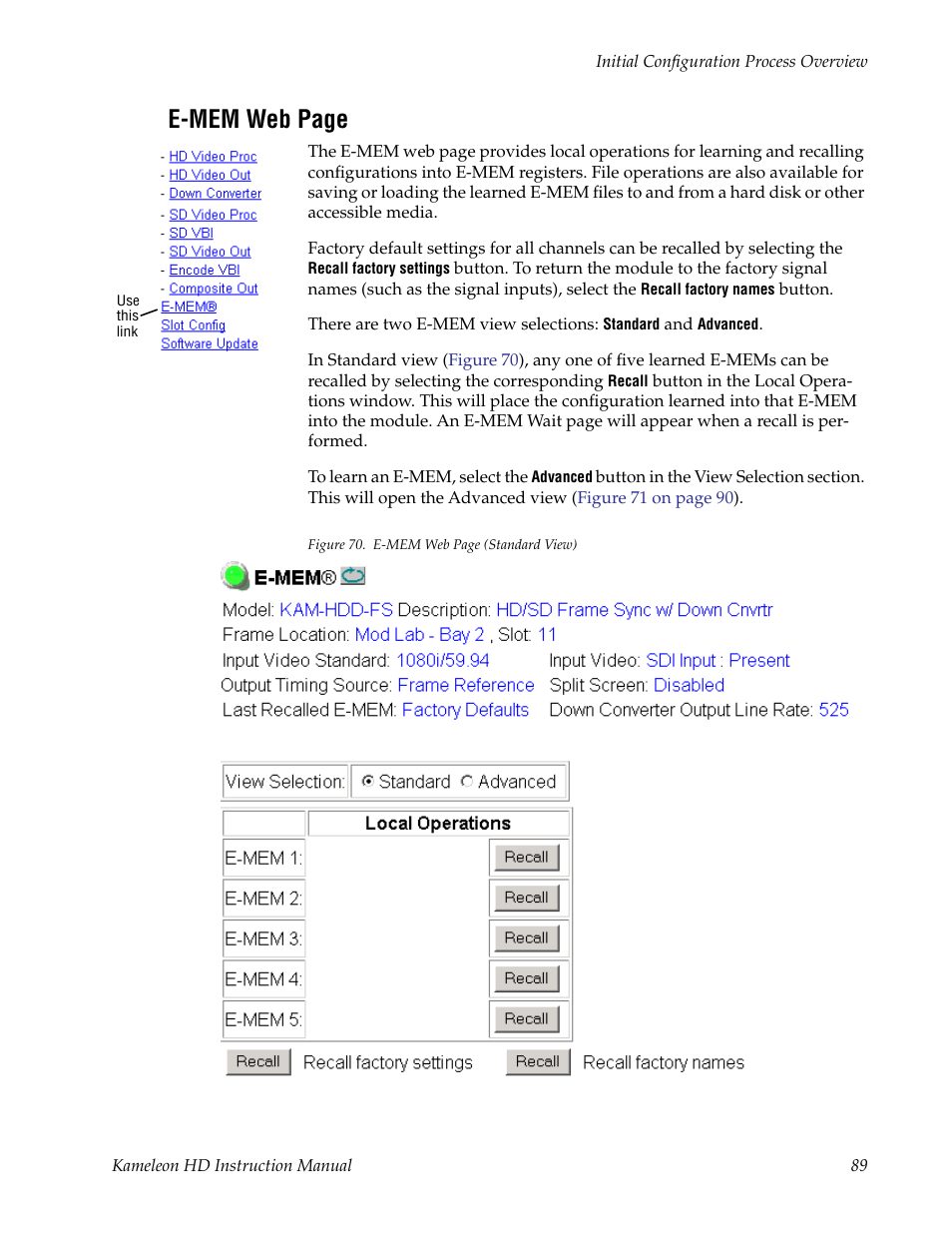 Use e-mem memory, To stor, E-mem web page | Grass Valley Kameleon HD Multi-Function Modules v.2.1.0 User Manual | Page 89 / 110