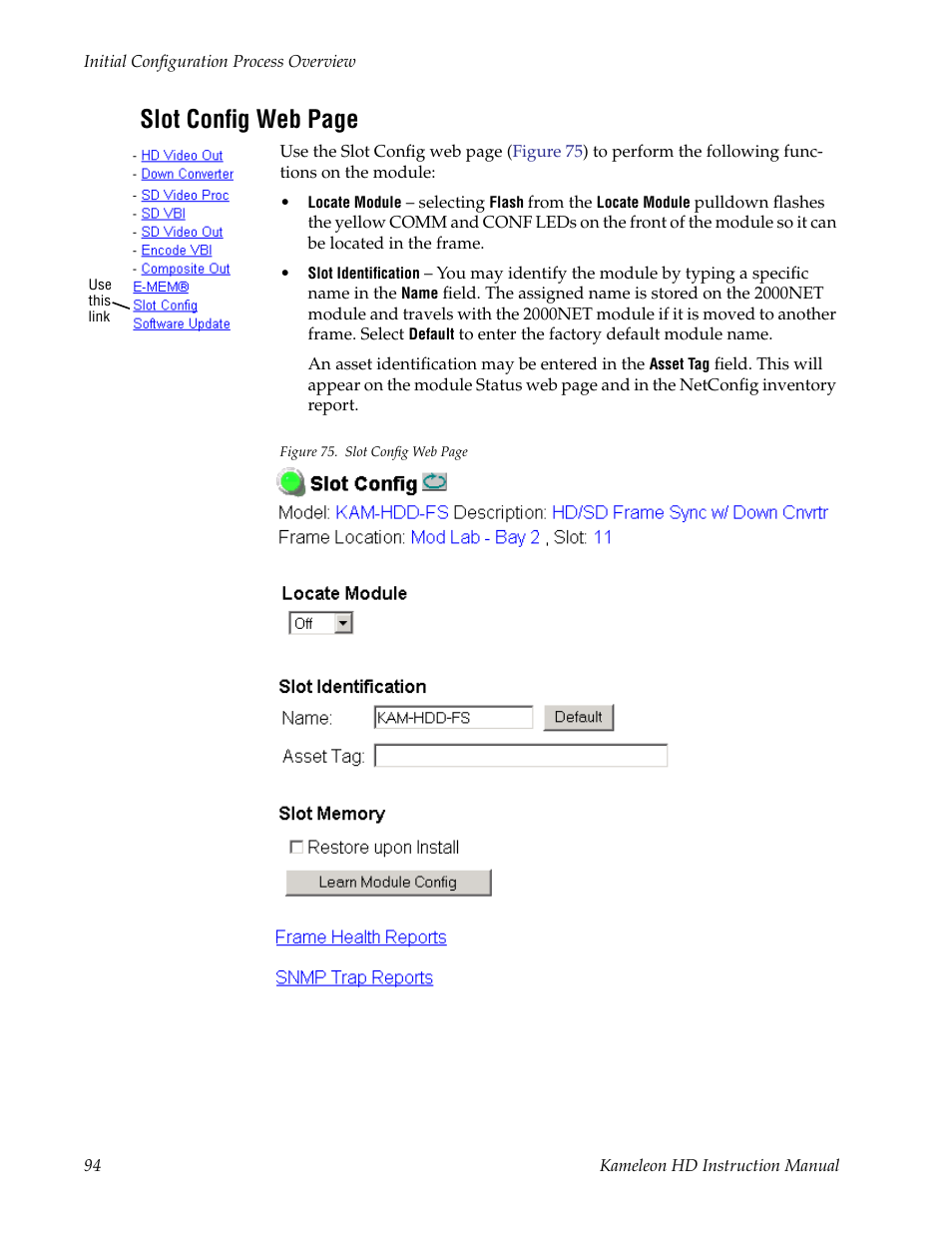 To assign slot configuration, On the 2000net module, Slot config web page | Grass Valley Kameleon HD Multi-Function Modules v.2.1.0 User Manual | Page 94 / 110