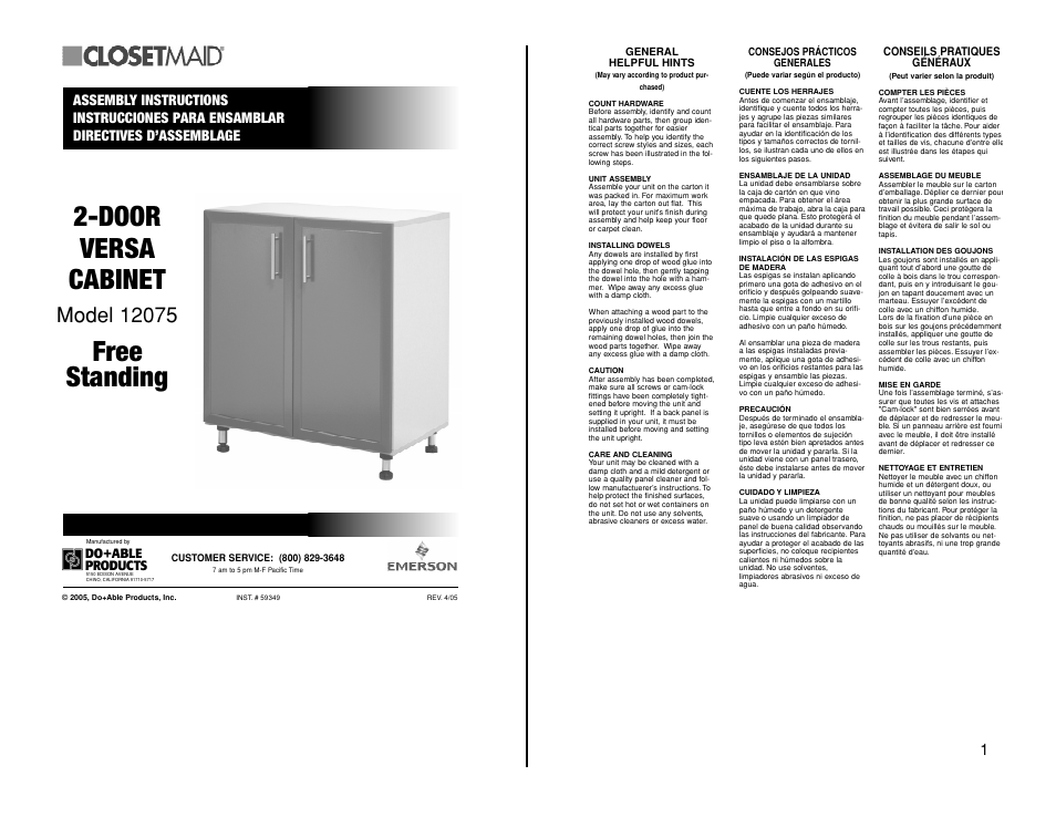 Closet Maid 2-Door Versa Cabinet 12075 User Manual | 10 pages