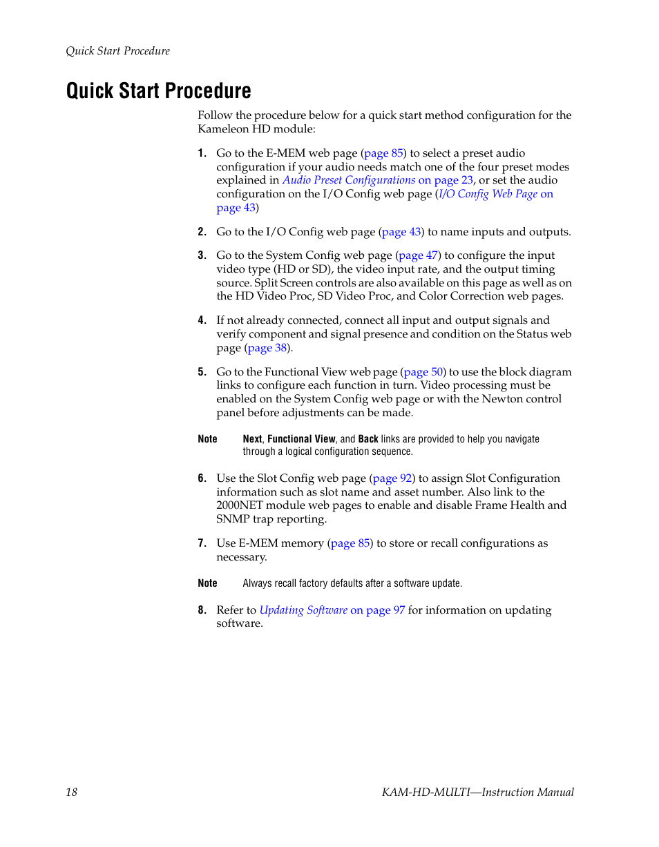 Quick start procedure | Grass Valley Kameleon HD Multi-Function Modules v.3.2.0 User Manual | Page 18 / 102