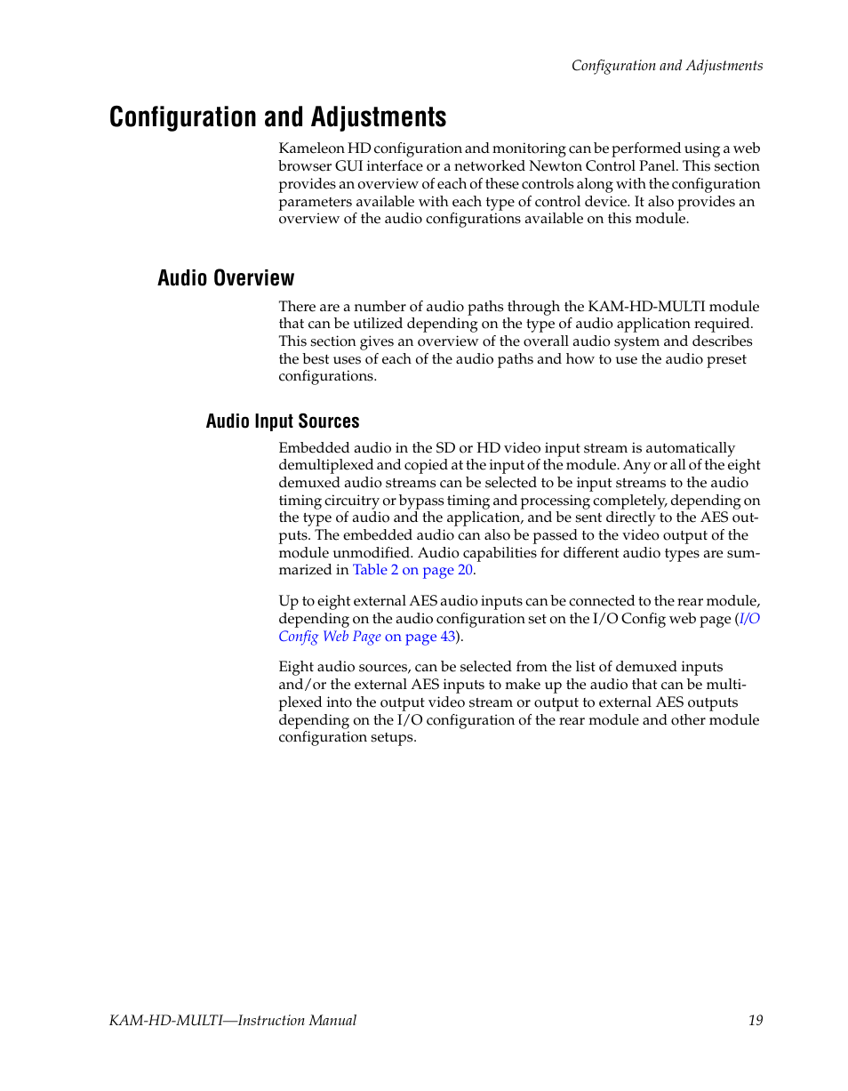 Configuration and adjustments, Audio overview, Audio input sources | Grass Valley Kameleon HD Multi-Function Modules v.3.2.0 User Manual | Page 19 / 102