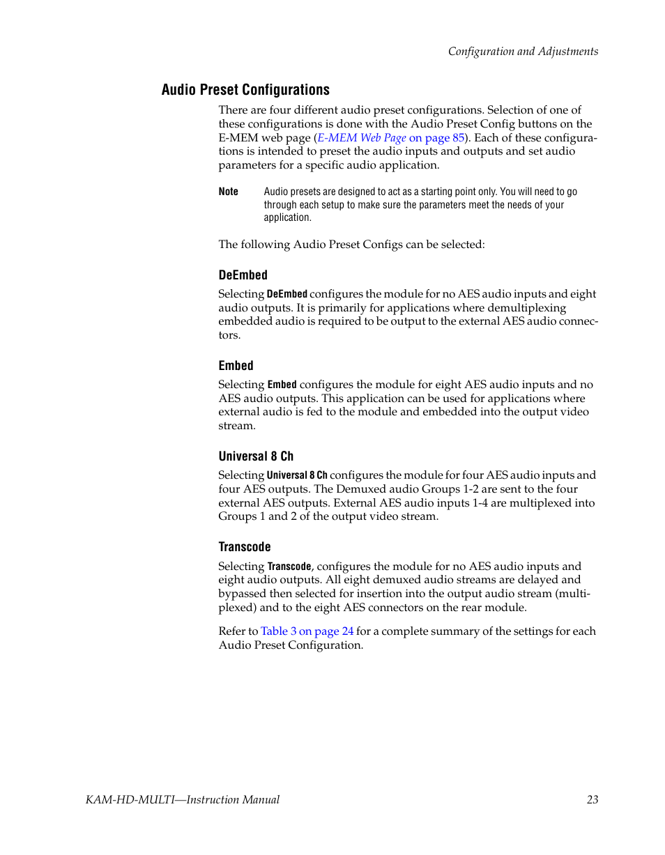Audio preset configurations | Grass Valley Kameleon HD Multi-Function Modules v.3.2.0 User Manual | Page 23 / 102