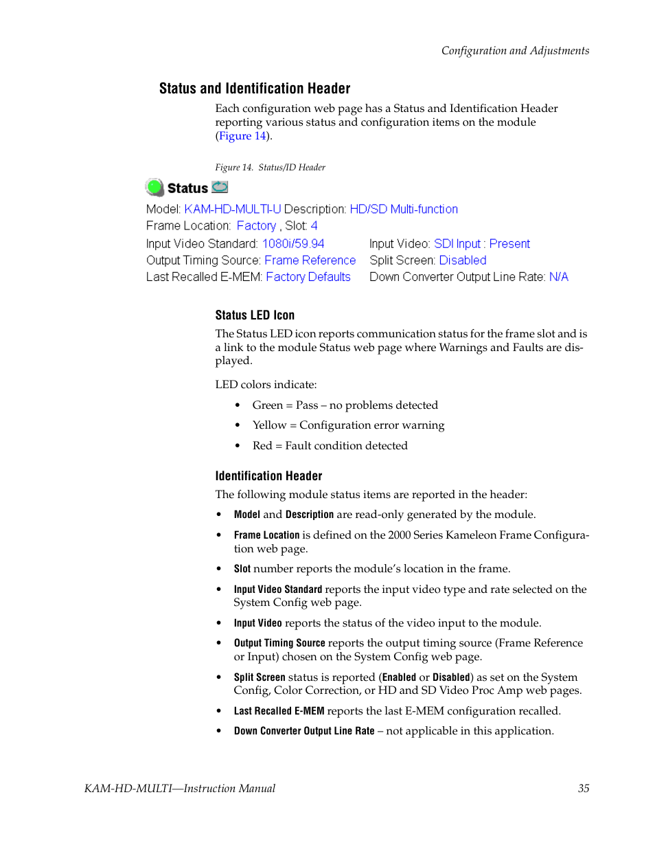 Status and identification header | Grass Valley Kameleon HD Multi-Function Modules v.3.2.0 User Manual | Page 35 / 102