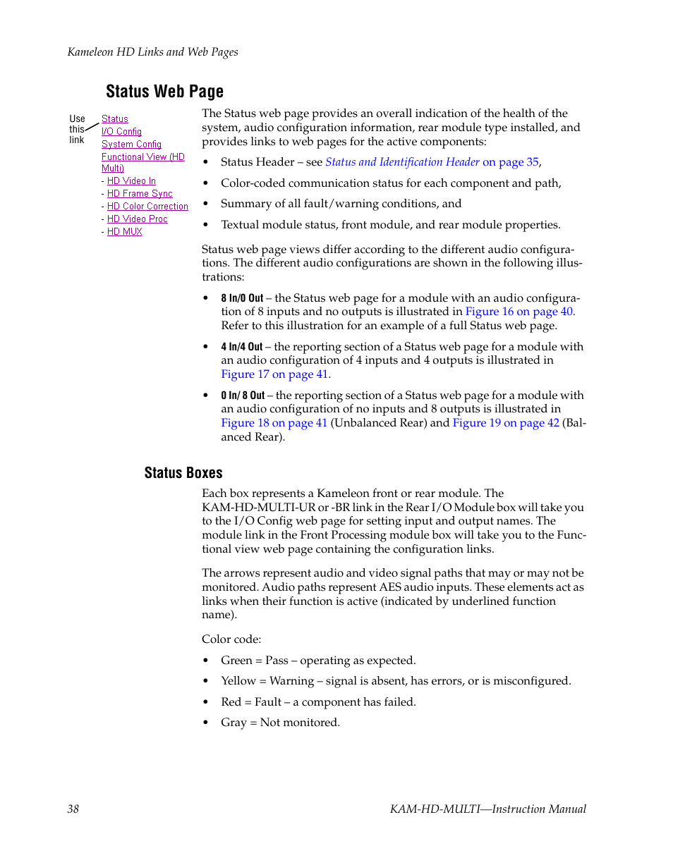 Status boxes, Information, Status web page | Grass Valley Kameleon HD Multi-Function Modules v.3.2.0 User Manual | Page 38 / 102