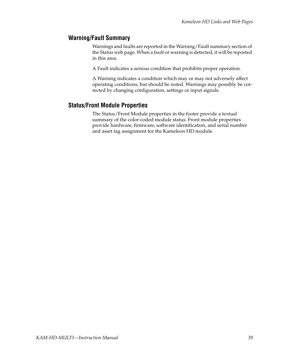 Warning/fault summary, Status/front module properties | Grass Valley Kameleon HD Multi-Function Modules v.3.2.0 User Manual | Page 39 / 102