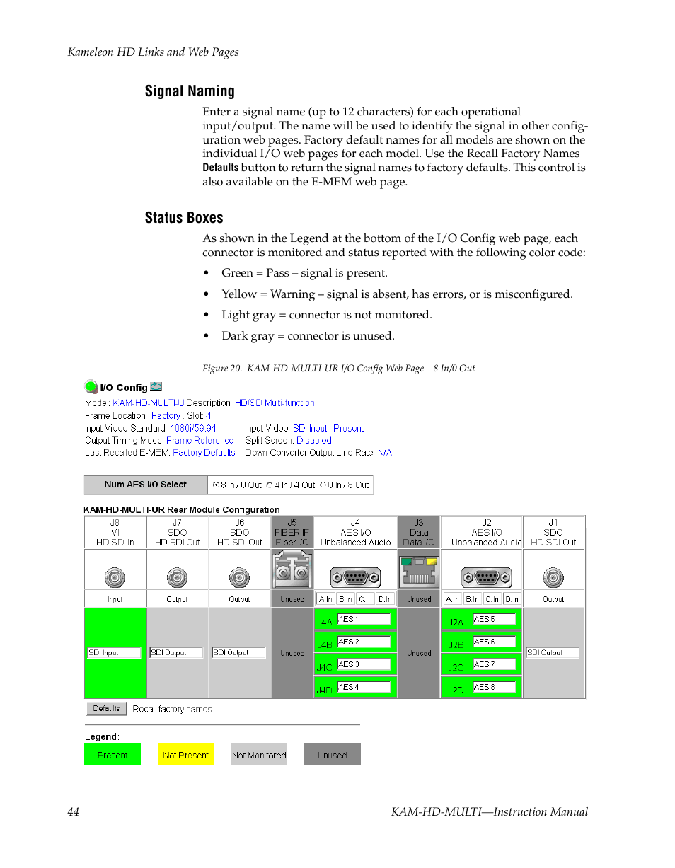 Signal naming, Status boxes, For 8 in/0 out | Grass Valley Kameleon HD Multi-Function Modules v.3.2.0 User Manual | Page 44 / 102