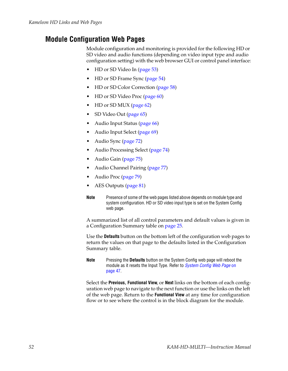 Module configuration web pages | Grass Valley Kameleon HD Multi-Function Modules v.3.2.0 User Manual | Page 52 / 102