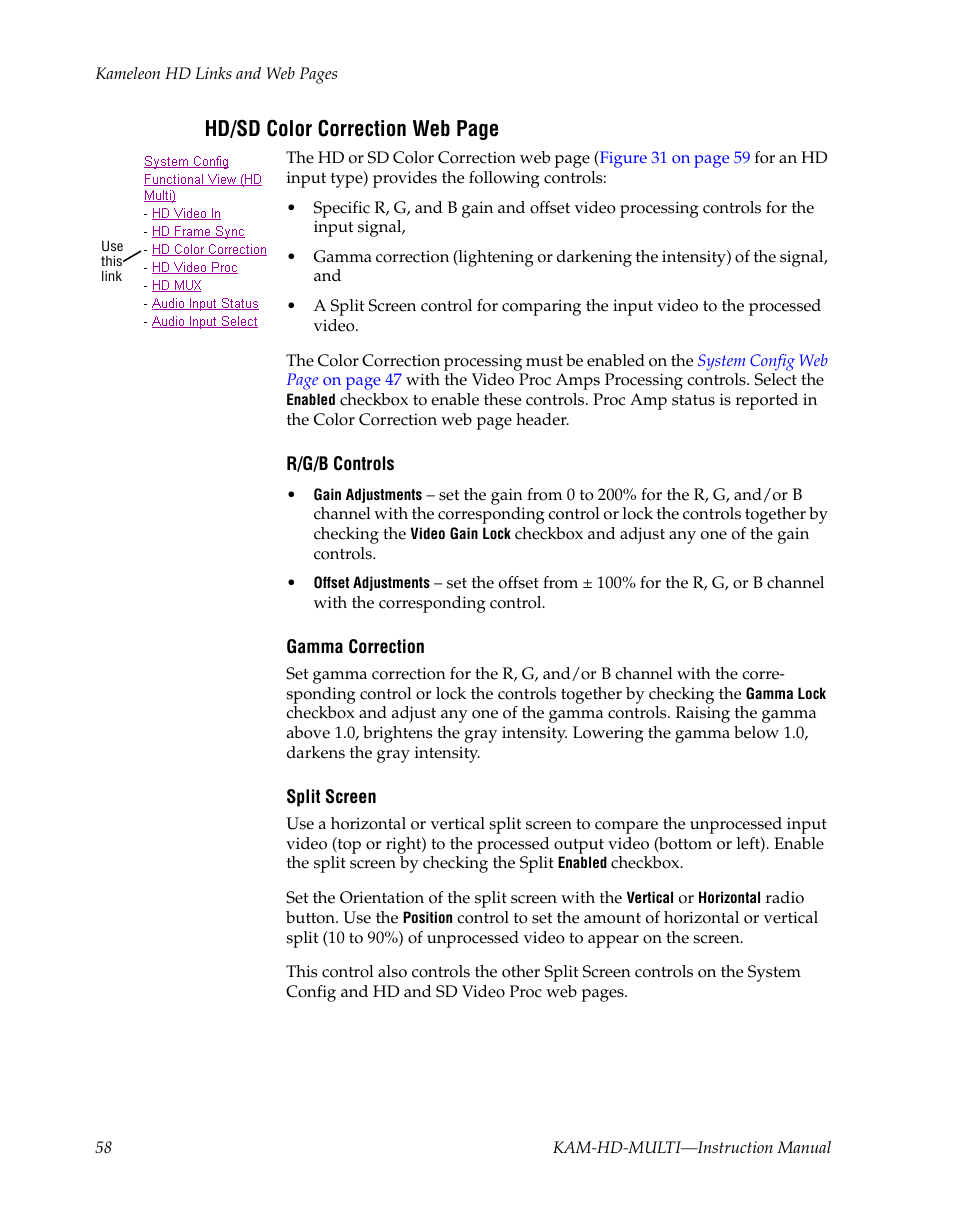 Ection, Hd/sd color correction web page | Grass Valley Kameleon HD Multi-Function Modules v.3.2.0 User Manual | Page 58 / 102