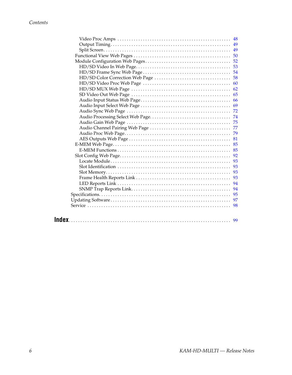 Index | Grass Valley Kameleon HD Multi-Function Modules v.3.2.0 User Manual | Page 6 / 102