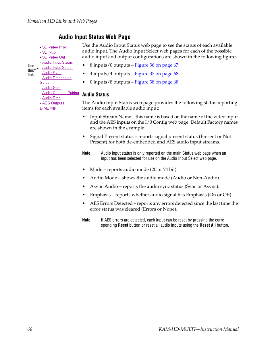 Audio input status web, Audio input status web page | Grass Valley Kameleon HD Multi-Function Modules v.3.2.0 User Manual | Page 66 / 102