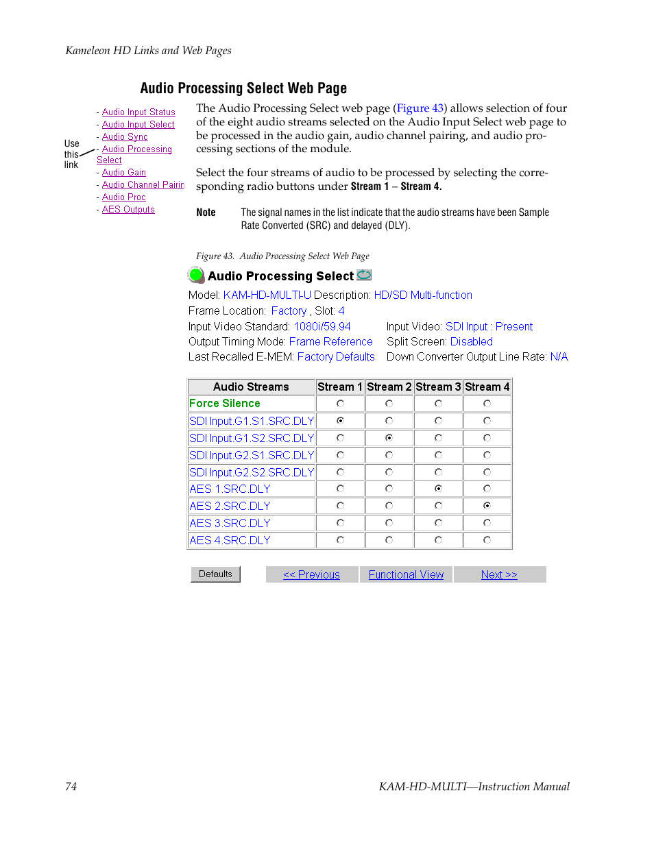 Audio processing select web page | Grass Valley Kameleon HD Multi-Function Modules v.3.2.0 User Manual | Page 74 / 102