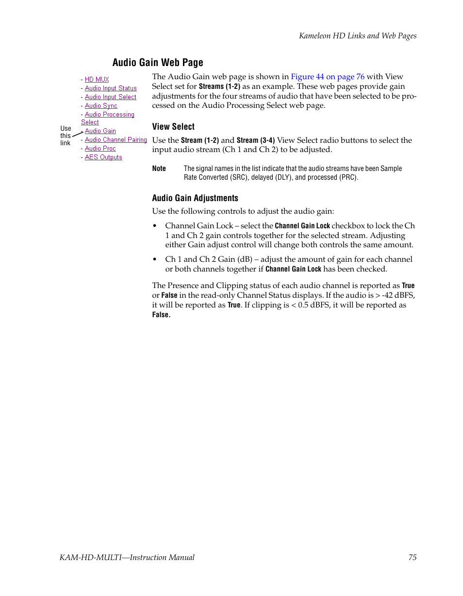 Udio gain, Audio gain web page | Grass Valley Kameleon HD Multi-Function Modules v.3.2.0 User Manual | Page 75 / 102