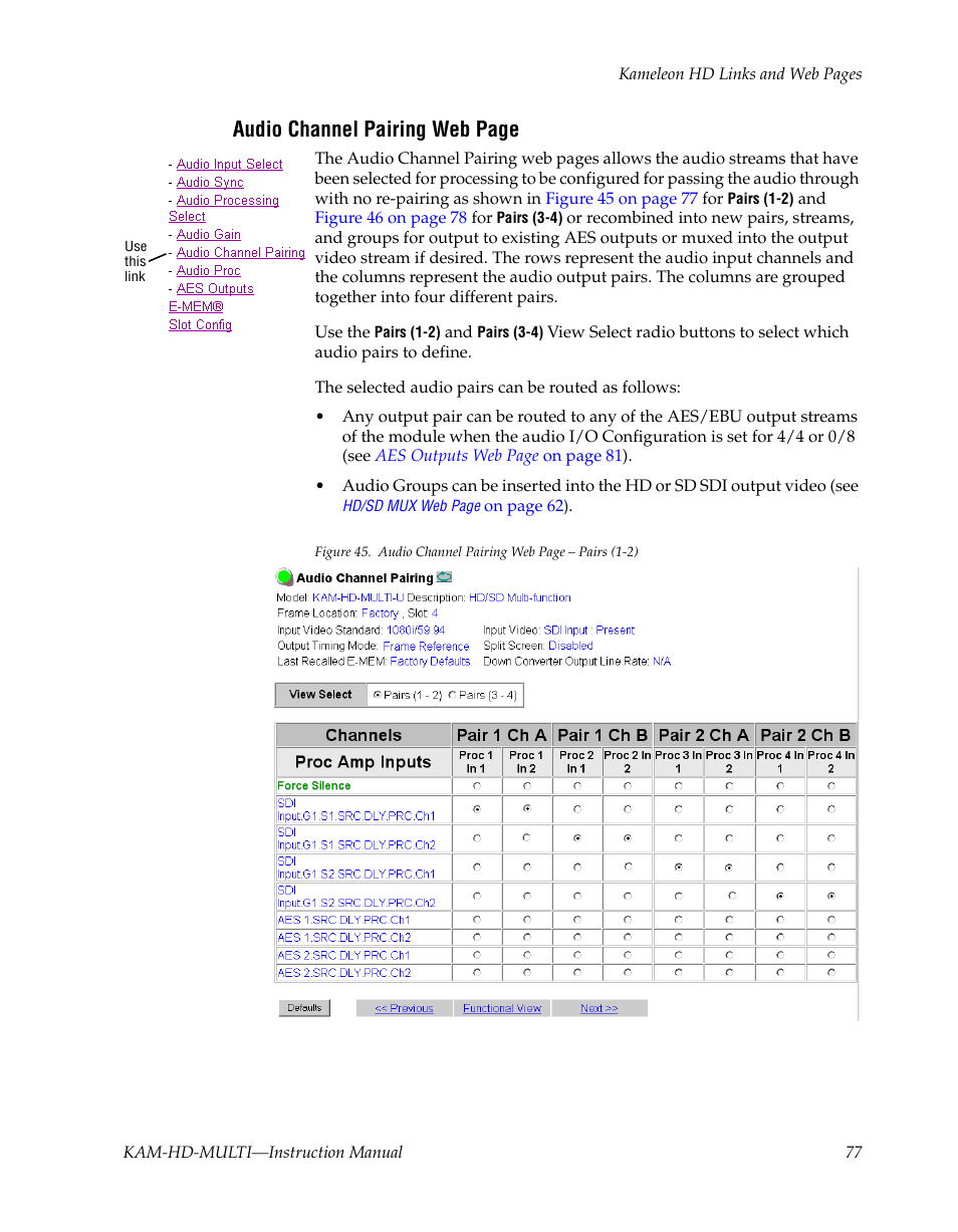 Audio channel pairing web page | Grass Valley Kameleon HD Multi-Function Modules v.3.2.0 User Manual | Page 77 / 102