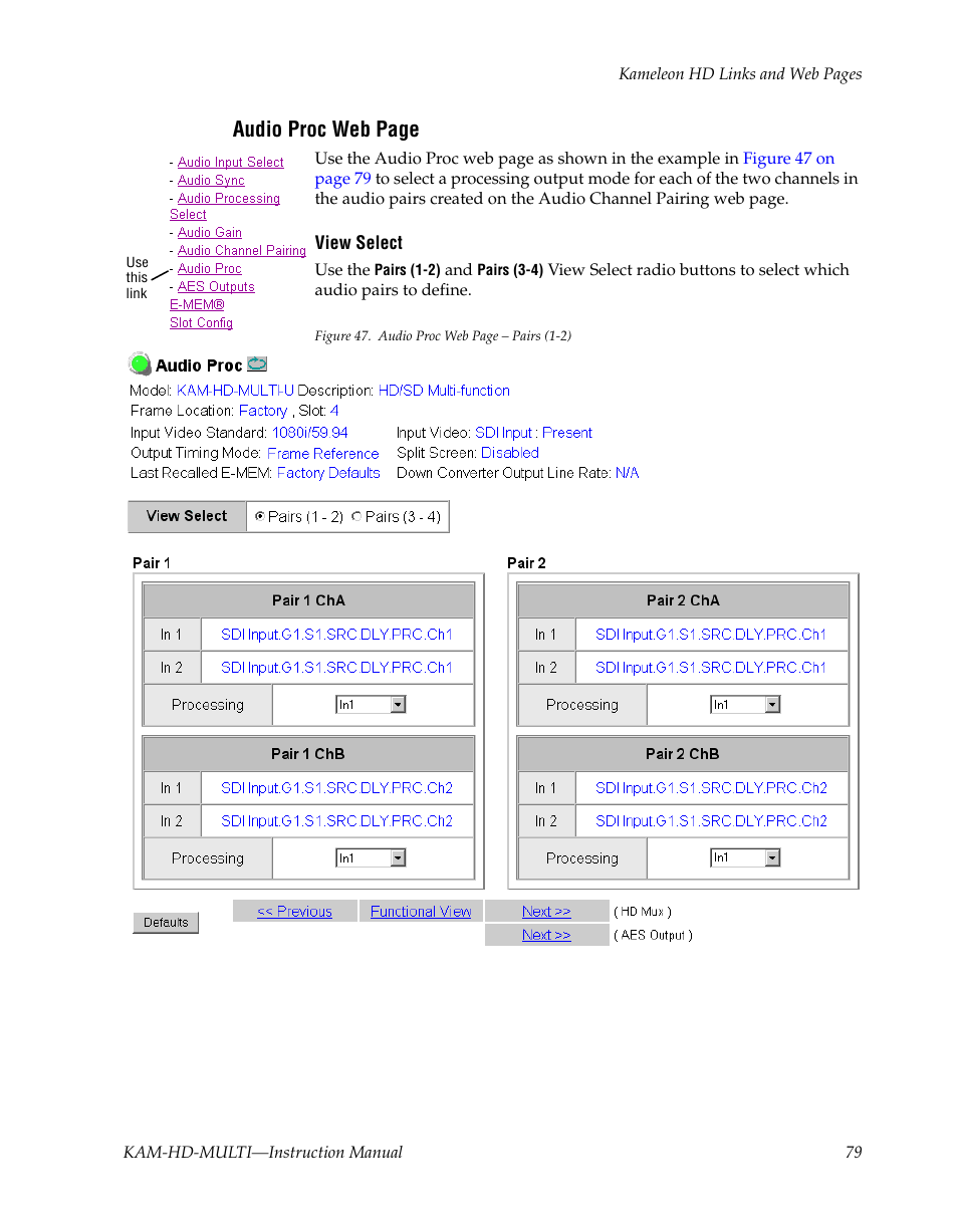 Audio proc web page | Grass Valley Kameleon HD Multi-Function Modules v.3.2.0 User Manual | Page 79 / 102