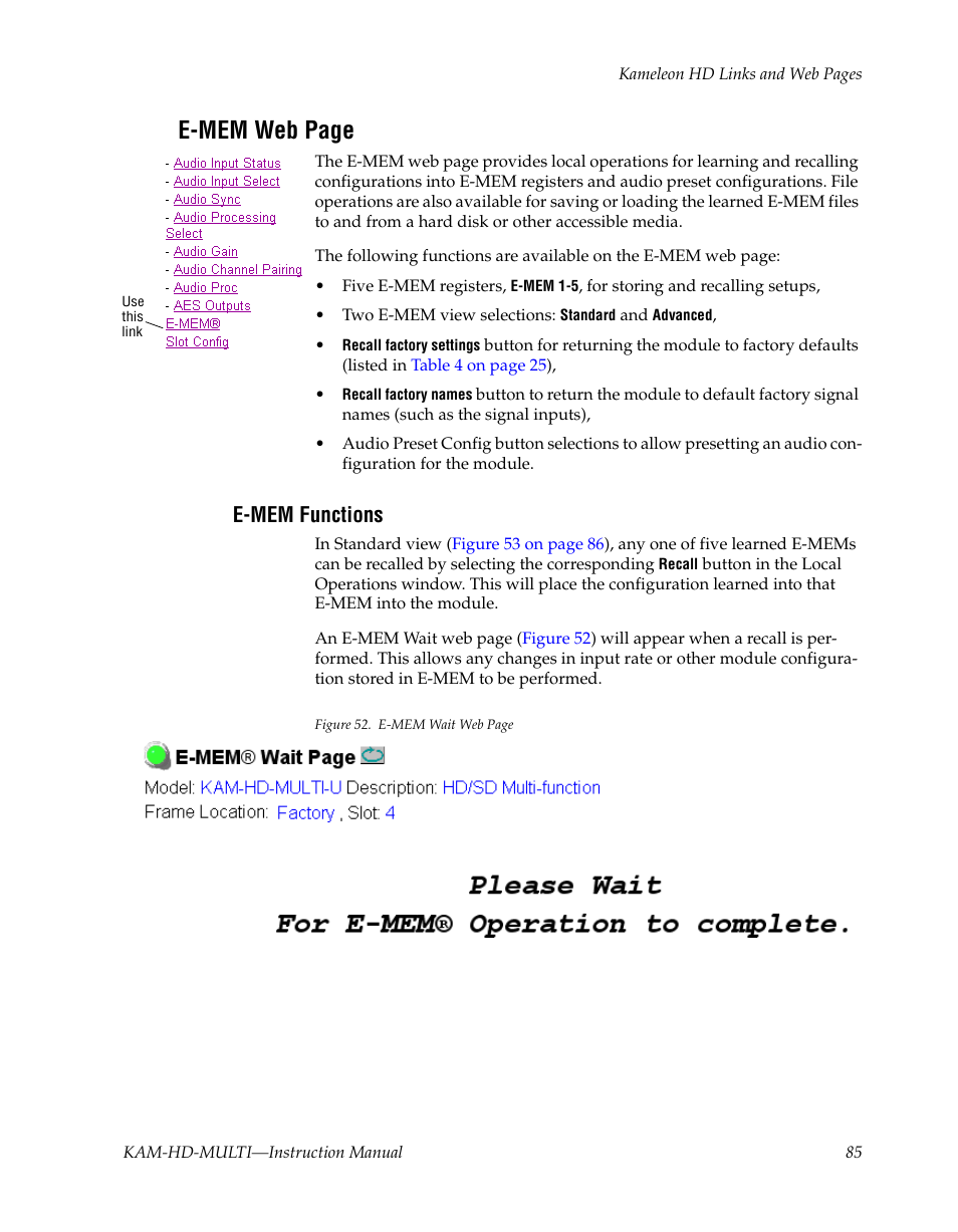 E-mem functions, E-mem web page | Grass Valley Kameleon HD Multi-Function Modules v.3.2.0 User Manual | Page 85 / 102