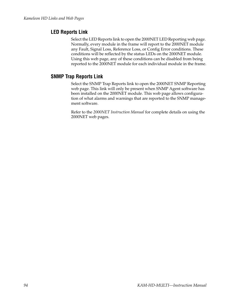 Led reports link, Snmp trap reports link | Grass Valley Kameleon HD Multi-Function Modules v.3.2.0 User Manual | Page 94 / 102