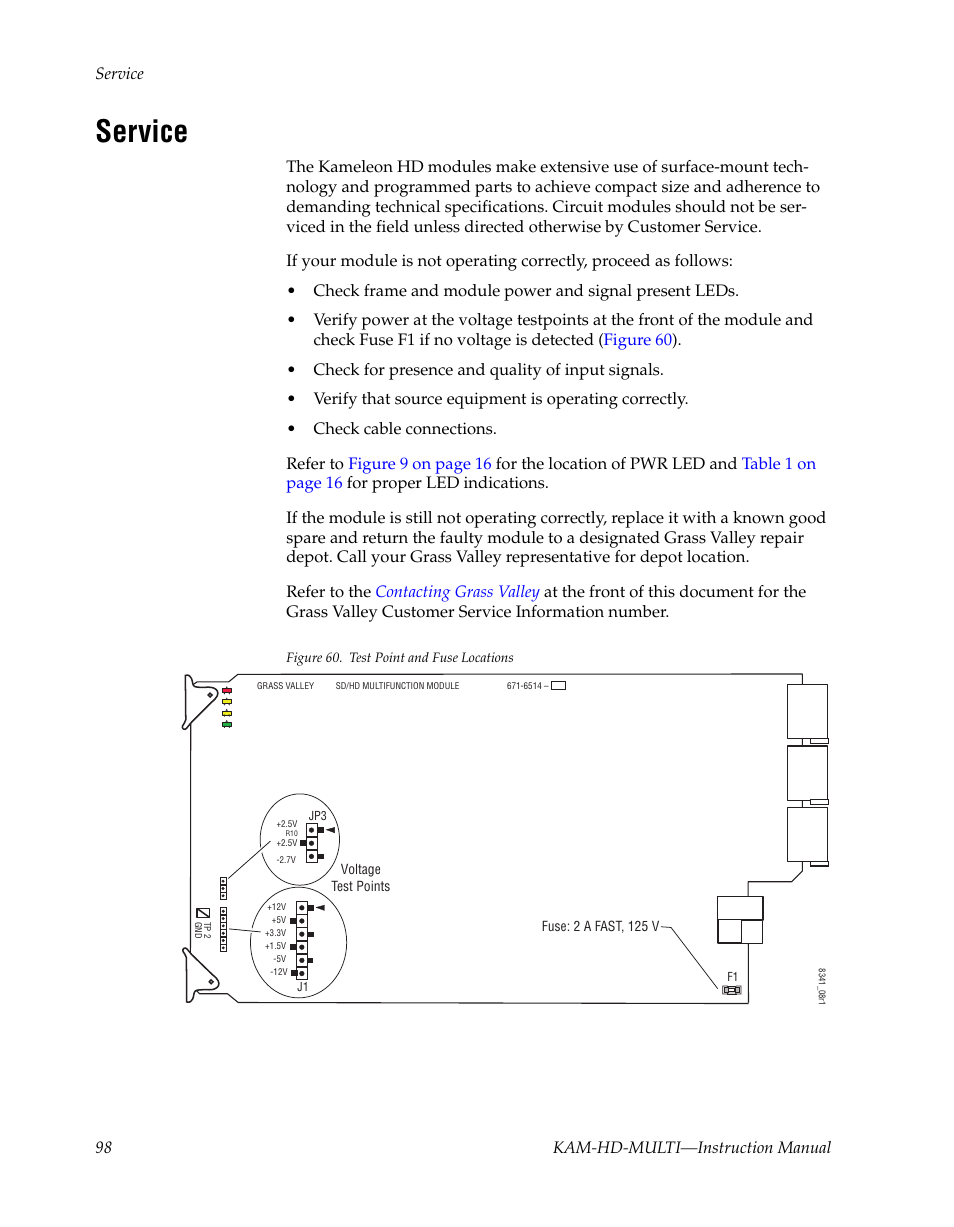 Service | Grass Valley Kameleon HD Multi-Function Modules v.3.2.0 User Manual | Page 98 / 102