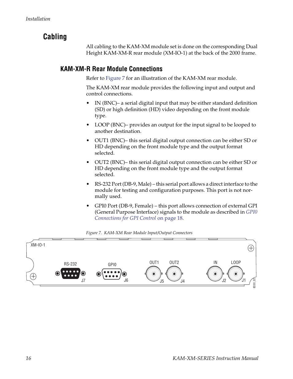 Cabling, Kam-xm-r rear module connections, Ear module signal connections | Grass Valley KAM-XM-SERIES v.1.4.1 User Manual | Page 16 / 80