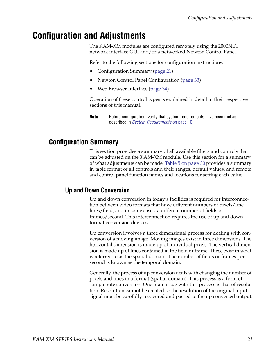 Configuration and adjustments, Configuration summary, Up and down conversion | Grass Valley KAM-XM-SERIES v.1.4.1 User Manual | Page 21 / 80