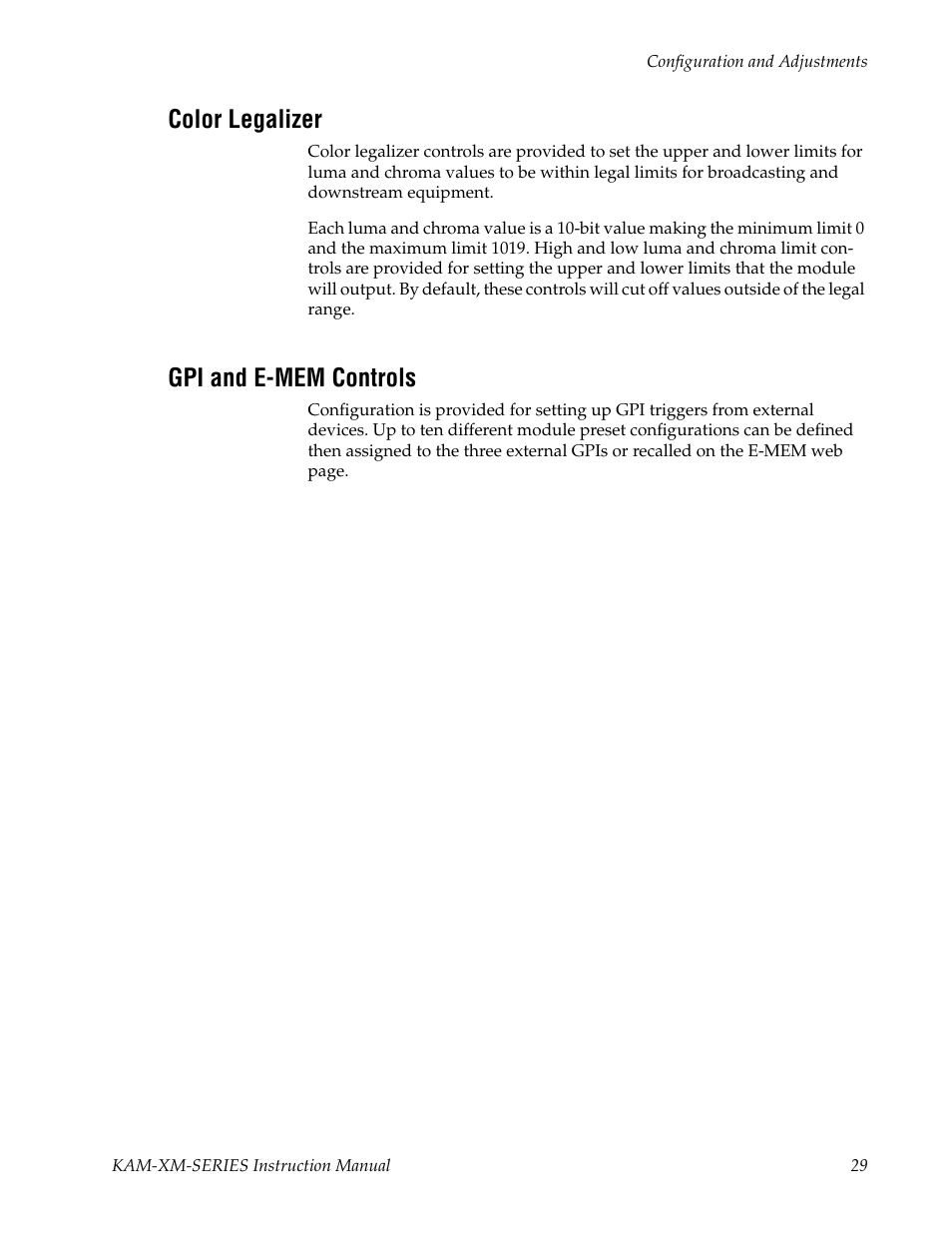 Color legalizer, Gpi and e-mem controls | Grass Valley KAM-XM-SERIES v.1.4.1 User Manual | Page 29 / 80