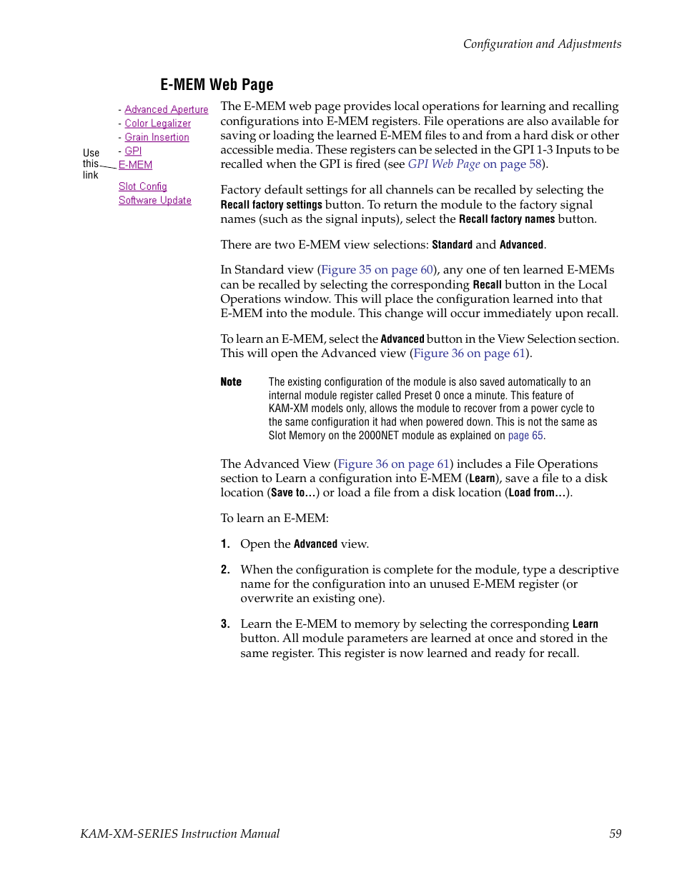 Configuration, E-mem web page | Grass Valley KAM-XM-SERIES v.1.4.1 User Manual | Page 59 / 80