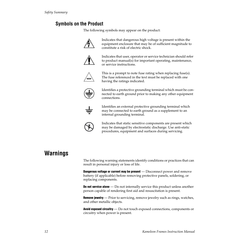 Symbols on the product, Warnings | Grass Valley 2000T3 User Manual | Page 12 / 50