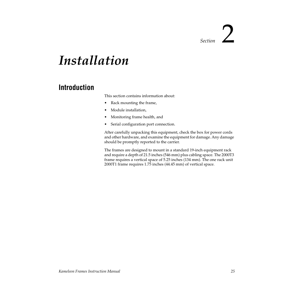 Installation, Introduction, Section 2 — installation | Grass Valley 2000T3 User Manual | Page 25 / 50
