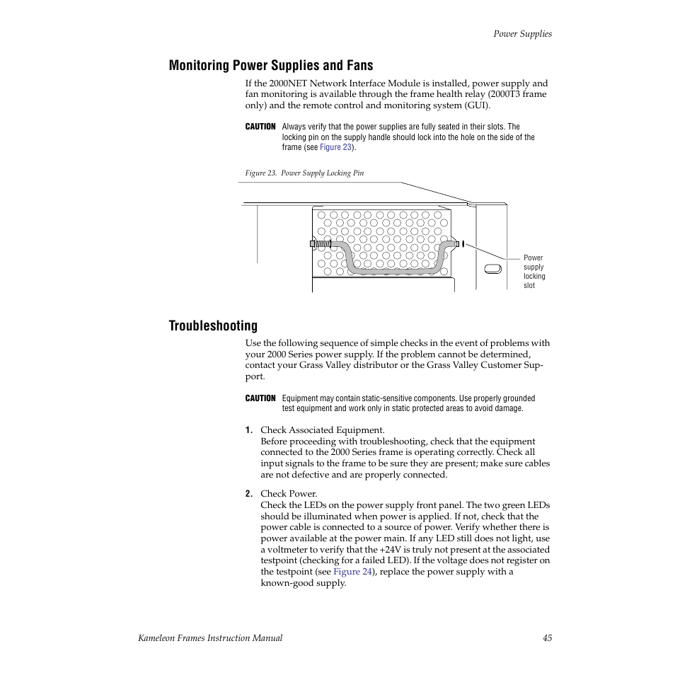 Monitoring power supplies and fans, Troubleshooting | Grass Valley 2000T3 User Manual | Page 45 / 50