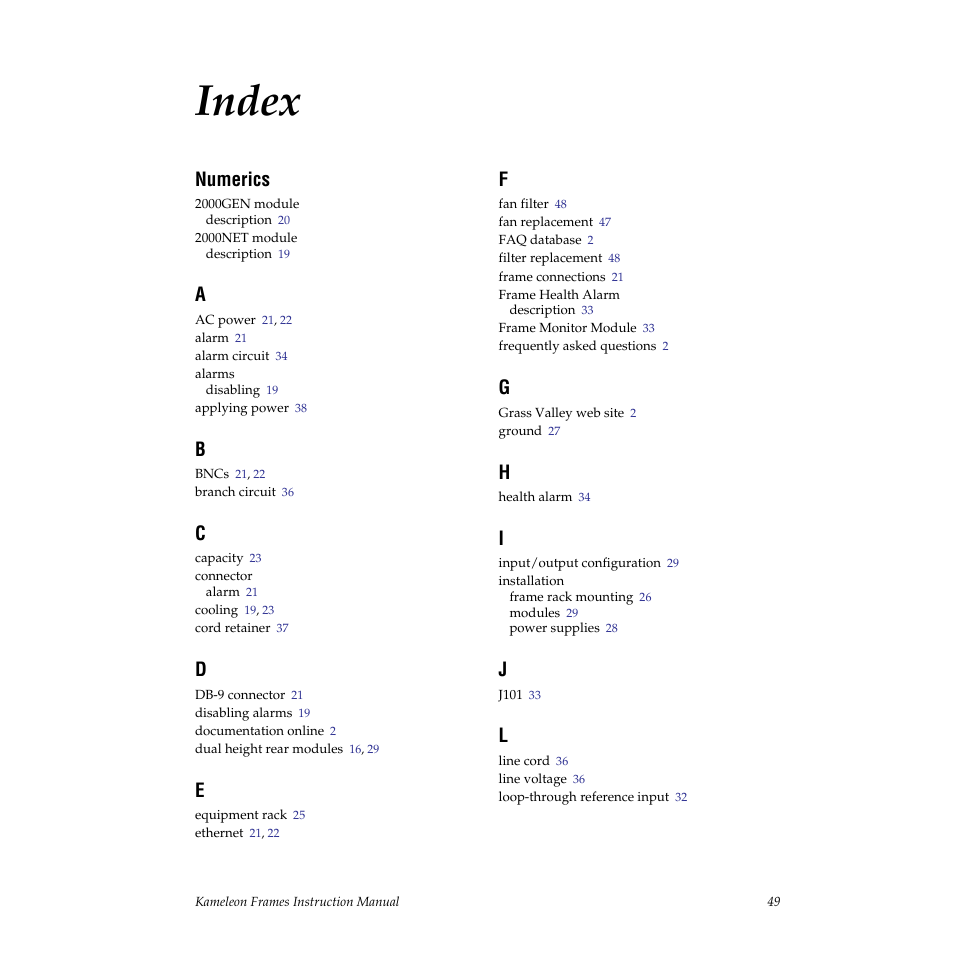 Index, Numerics | Grass Valley 2000T3 User Manual | Page 49 / 50