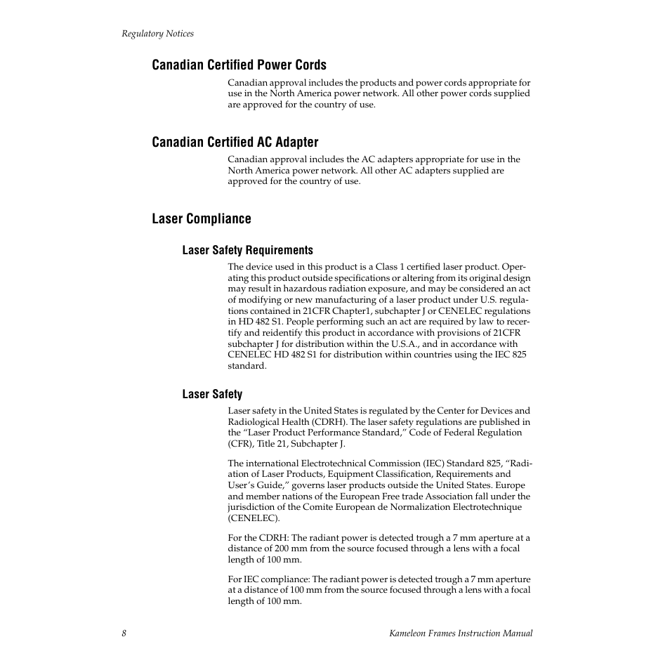 Canadian certified power cords, Canadian certified ac adapter, Laser compliance | Laser safety requirements, Laser safety | Grass Valley 2000T3 User Manual | Page 8 / 50