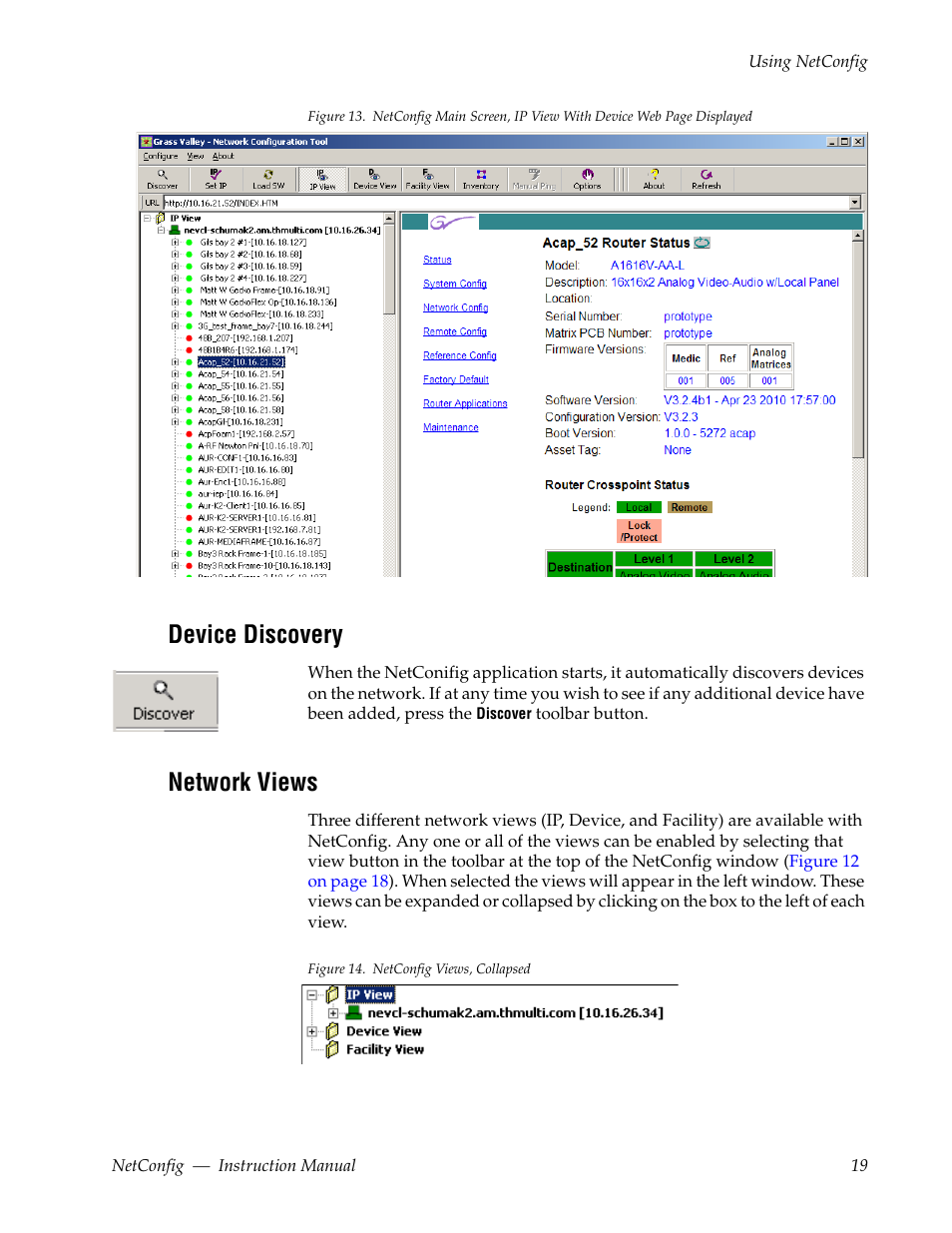 Device discovery, Network views | Grass Valley NetConfig Network Configuration Application v.2.0.12 User Manual | Page 19 / 44