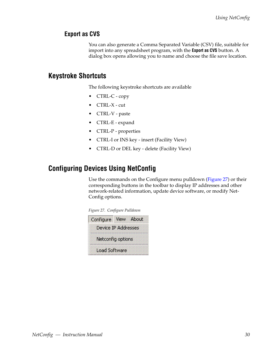 Export as cvs, Keystroke shortcuts, Configuring devices using netconfig | Grass Valley NetConfig Network Configuration Application v.2.0.12 User Manual | Page 30 / 44