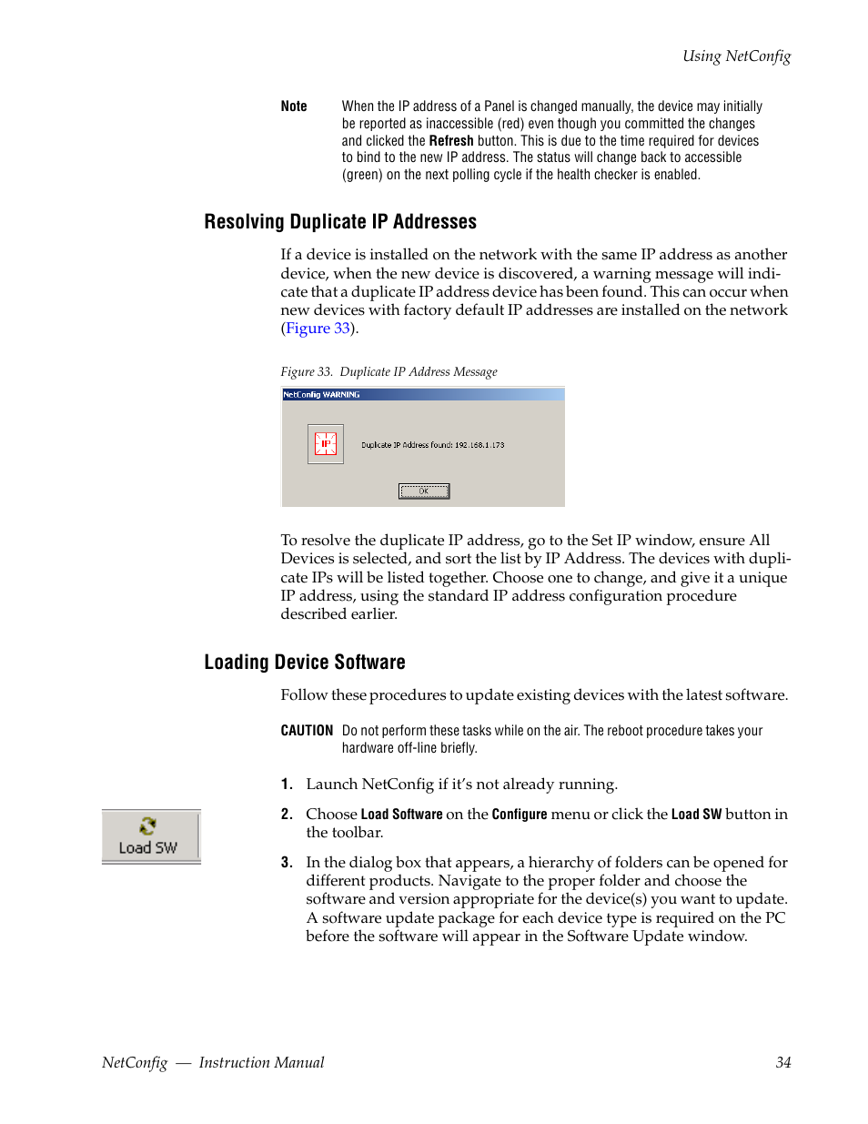 Resolving duplicate ip addresses, Loading device software | Grass Valley NetConfig Network Configuration Application v.2.0.12 User Manual | Page 34 / 44
