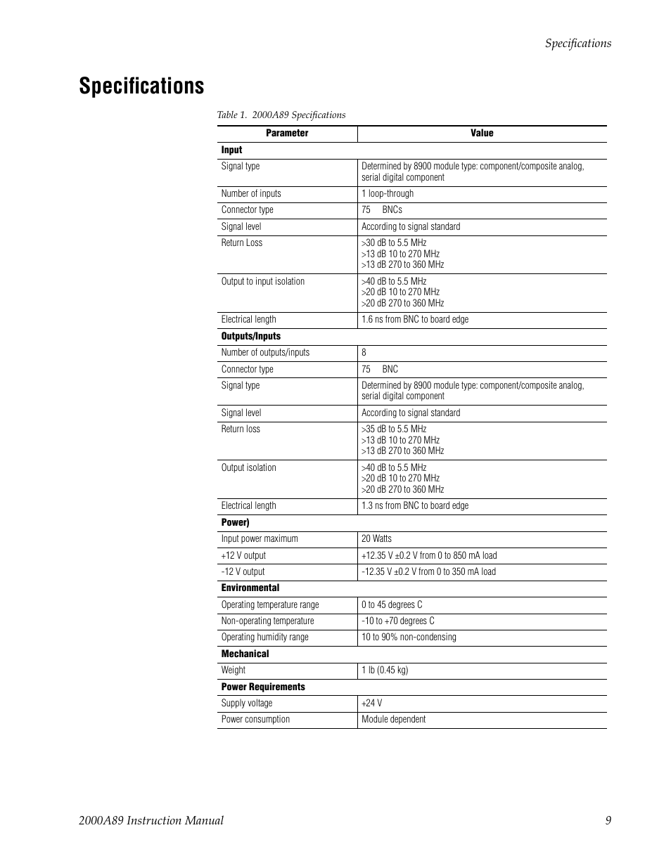 Specifications | Grass Valley 2000A89 User Manual | Page 15 / 18