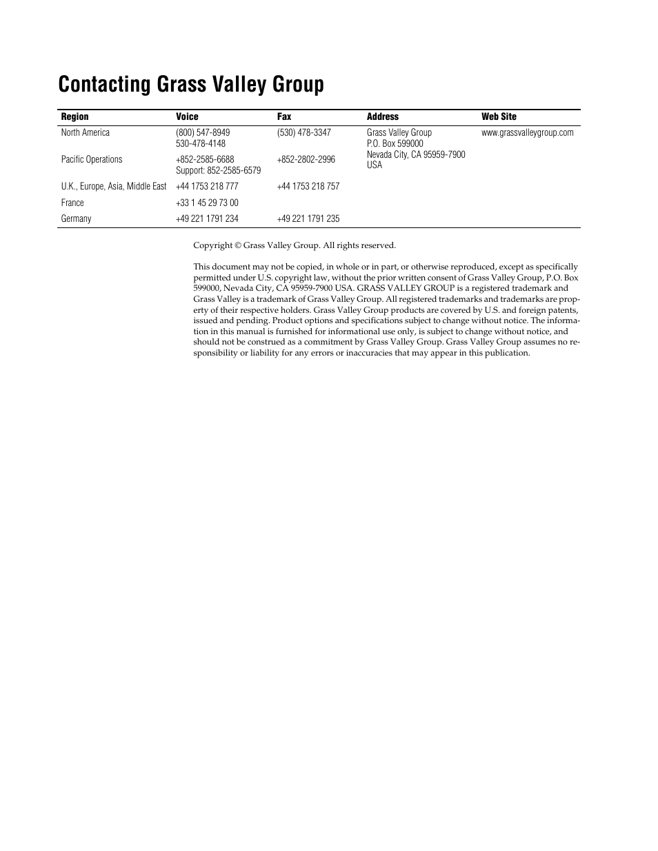 Contacting grass valley group | Grass Valley 2000A89 User Manual | Page 2 / 18