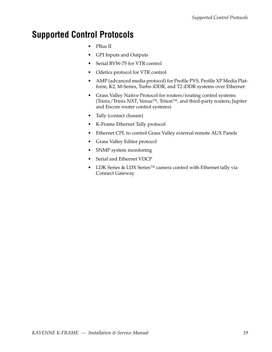 Supported control protocols | Grass Valley K-Frame Installation Planning Guide User Manual | Page 19 / 62