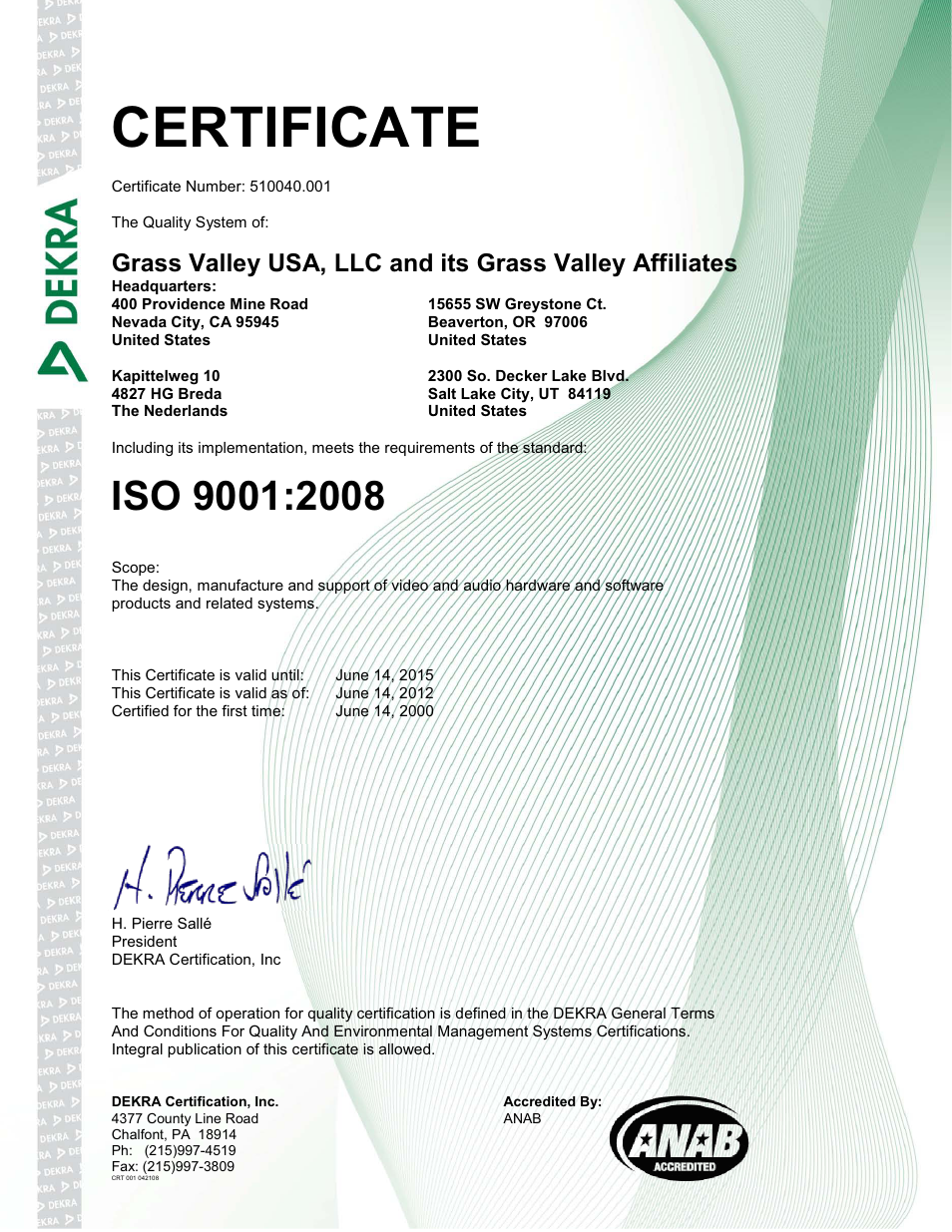 Certificate | Grass Valley K-Frame Installation Planning Guide User Manual | Page 2 / 62