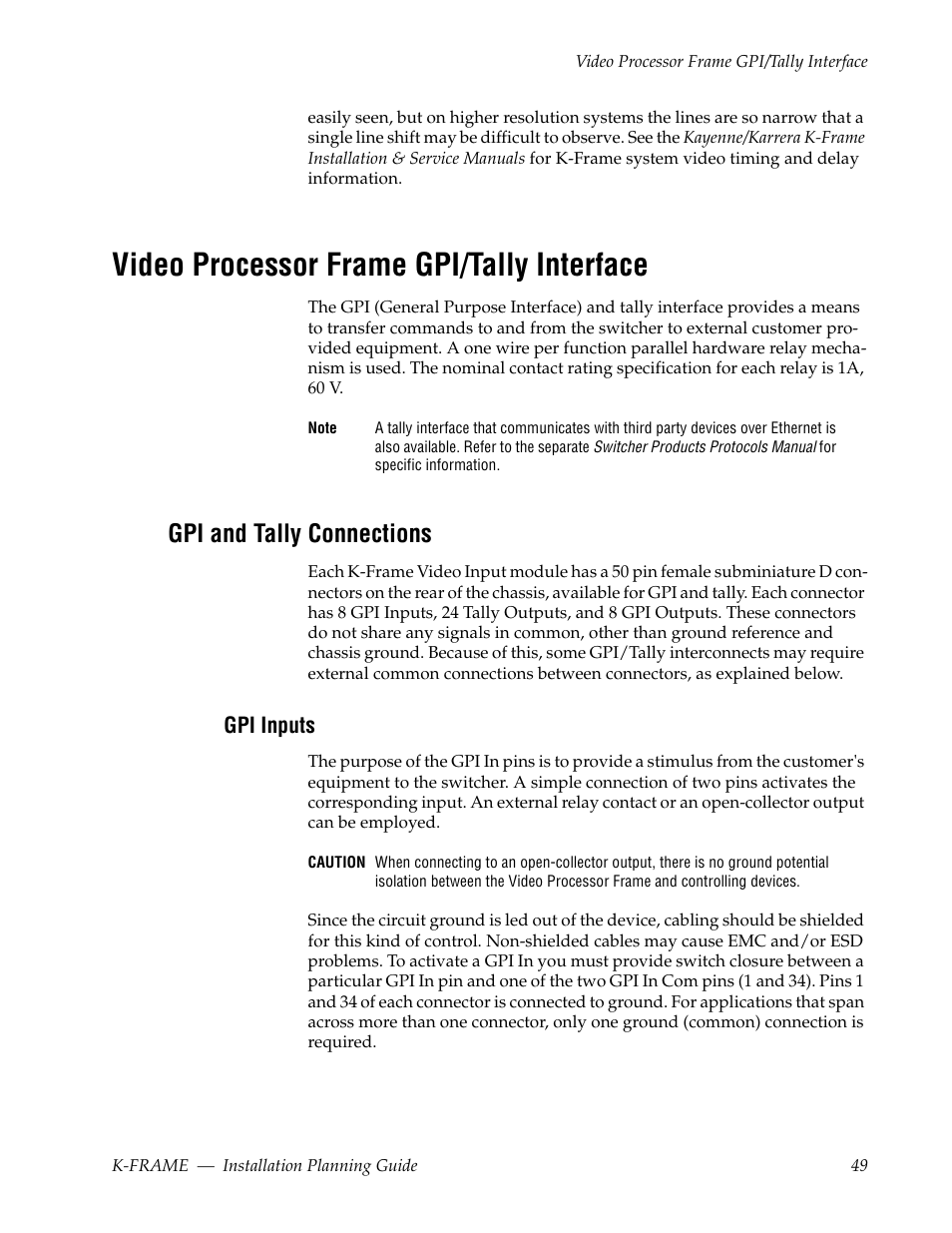 Video processor frame gpi/tally interface, Gpi and tally connections, Gpi inputs | Grass Valley K-Frame Installation Planning Guide User Manual | Page 49 / 62
