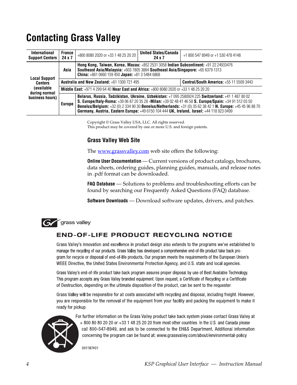 Contacting grass valley | Grass Valley KSP Switcher Soft Panel Graphica v.1.0 User Manual | Page 4 / 24