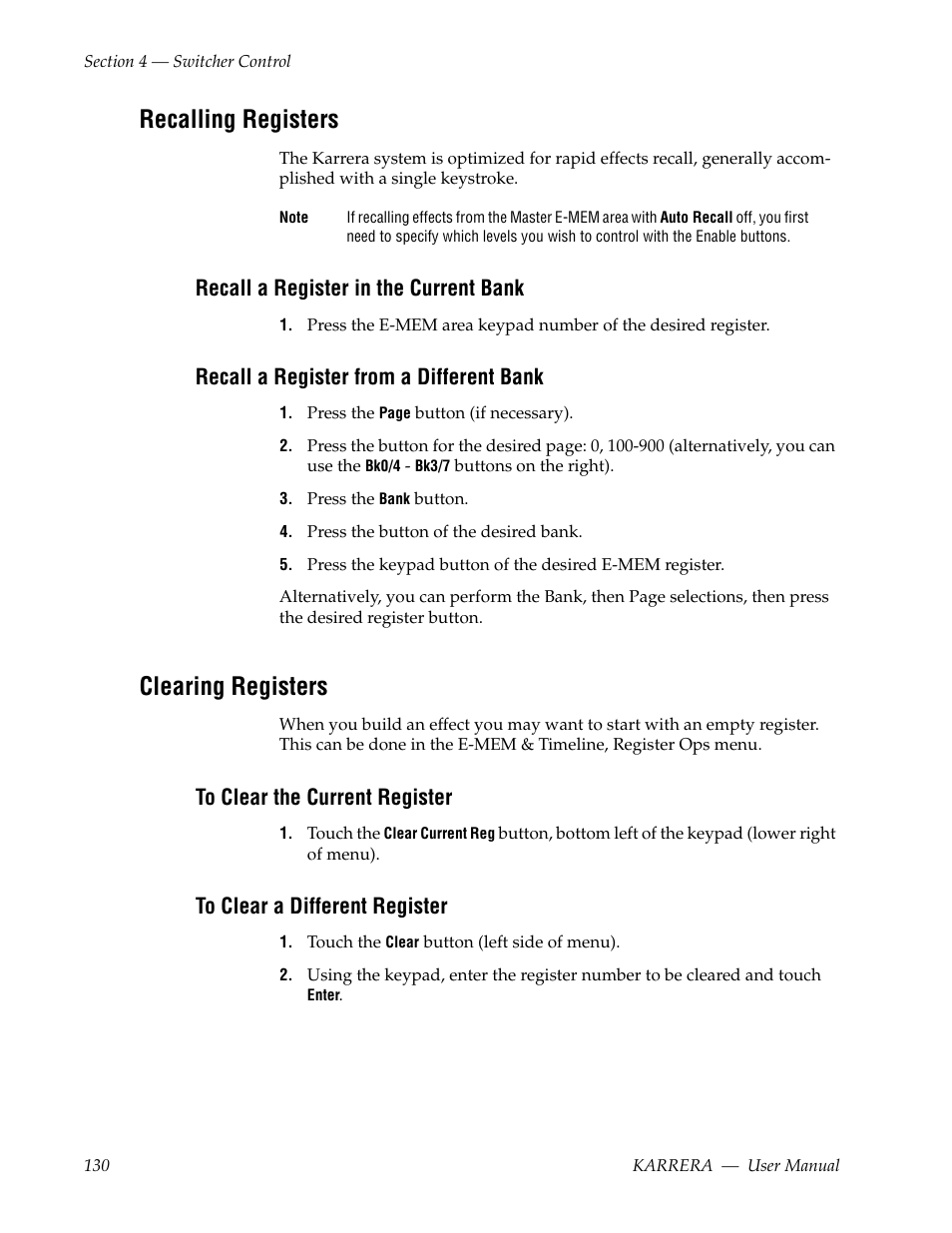 Recalling registers, Recall a register in the current bank, Recall a register from a different bank | Clearing registers, To clear the current register, To clear a different register | Grass Valley Karrera Video Production Center v.4.0 User Manual | Page 130 / 370