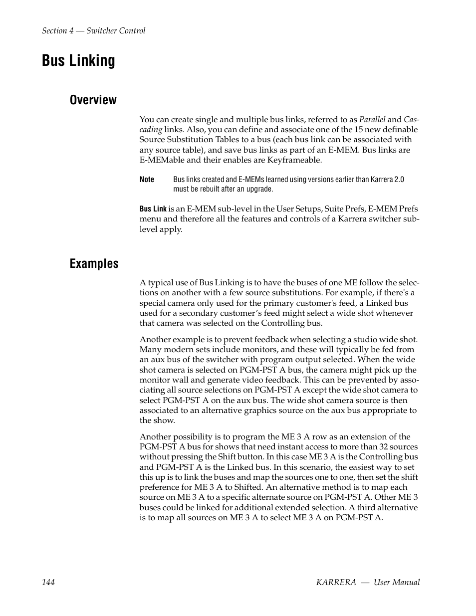 Bus linking, Overview, Examples | Grass Valley Karrera Video Production Center v.4.0 User Manual | Page 144 / 370