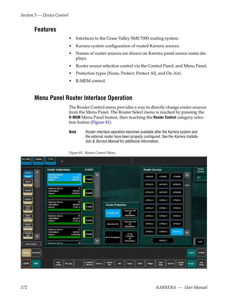 Features, Menu panel router interface operation | Grass Valley Karrera Video Production Center v.4.0 User Manual | Page 172 / 370