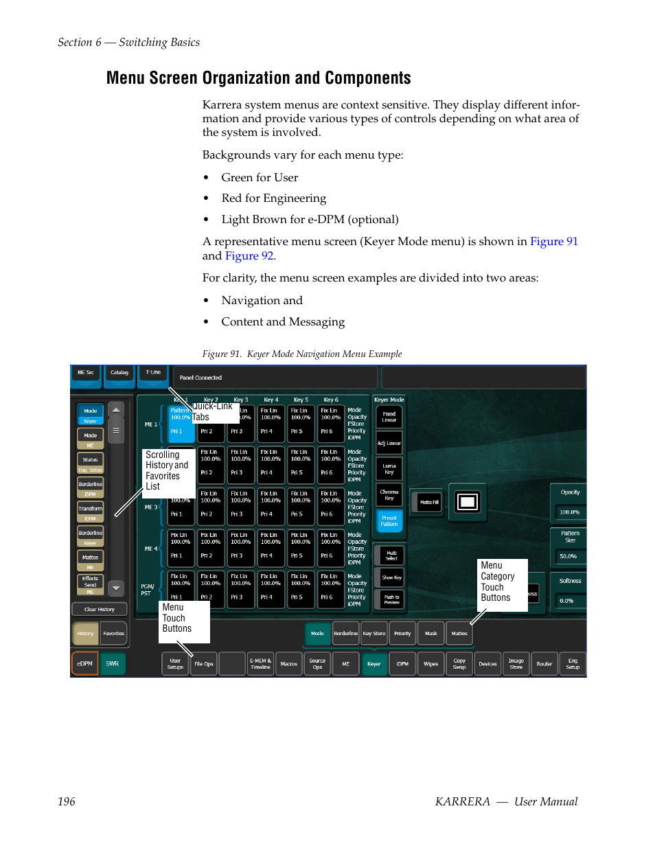 Menu screen organization and components | Grass Valley Karrera Video Production Center v.4.0 User Manual | Page 196 / 370