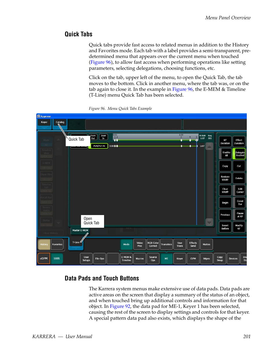 Quick tabs, Data pads and touch buttons | Grass Valley Karrera Video Production Center v.4.0 User Manual | Page 201 / 370