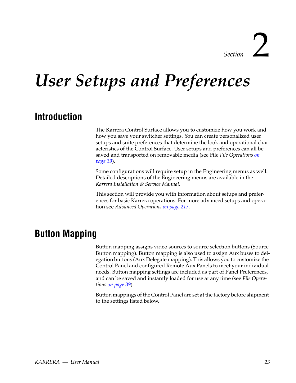 User setups and preferences, Introduction, Button mapping | Section 2 — user setups and preferences | Grass Valley Karrera Video Production Center v.4.0 User Manual | Page 23 / 370