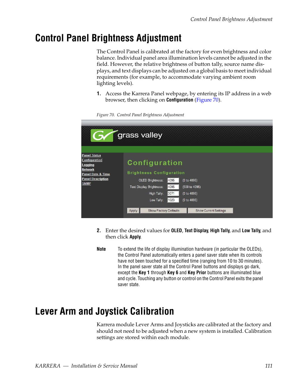 Control panel brightness adjustment, Lever arm and joystick calibration | Grass Valley Karrera Video Production Center Installation v.4.1 User Manual | Page 111 / 292